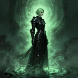side portrait, imogen poots, deathknight, black armor, gloomhaven, soft, smooth, luminescent, haunting, pale green backlit glow, evil inky swirly ripples, sickly colors, 8 k, by mucha, greg rutkowski, jesper ejsing, rhads, ilya kuvshinov, cushart krenz