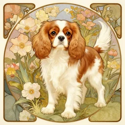 fluffy cavalier king charles spaniel, surrounded by flowers, illustration by alphonse mucha