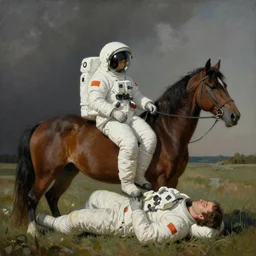 a horse sits on a lying astronaut, hauntingly surreal, highly detailed painting by francis bacon, edward hopper, adrian ghenie, gerhard richter, and james jean soft light 4 k,