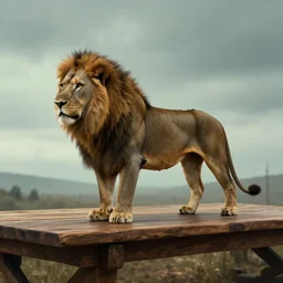 Lion on a wooden table, cinematic, wide angle, concept art