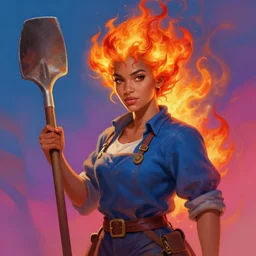 portrait of beautiful farmer with flaming hair and a spade, maya ali mage, gloomhaven, dynamic lighting, gaudy colors, octane render aesthetic, matte painting concept art, official fanart behance hd artstation by jesper ejsing, by rhads and makoto shinkai and lois van baarle and ilya kuvshinov and rossdraws