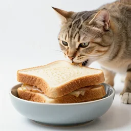 cat eating a big sandwich from a bowl. Cat eating sandwich. Cat has food mouth.