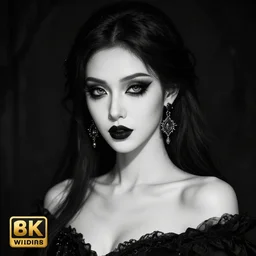 black and white digital art portrait of elegant gothic lady with earrings, dark background, high contrast, arstation, wlop, 4 k