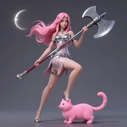 pink haired female goddess with a giant metallic battle axe stepping on a small pink pink cat