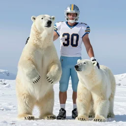 a 5 - foot tall football player standing next to a 1 0 - foot tall polar bear