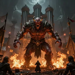 full body portrait of a pipe organ monster attacking a village by ed schaap and alan lee, symmetry, feature film style, dim lighting, ground god, fires, finely detailed screenshot from skyrim