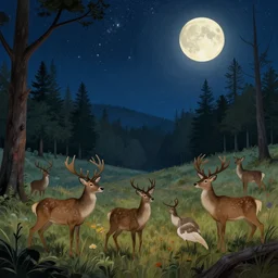 stars happy night grand deer wilderness animals fields woodlands fantasy illustration sharp focus moonlit vista starlight painted ruan jia raymond swanland lawrence alma tadema zdzislaw beksinski norman rockwell tom lovell alex malveda greg staples