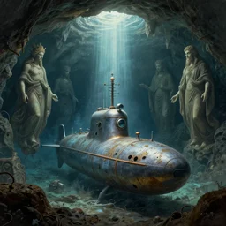 Submarine in underwater cave, lit by the light of gods, abandoned by gods, hyperdetailed artstation cgsociety by greg rutkowski and by Gustave Dore