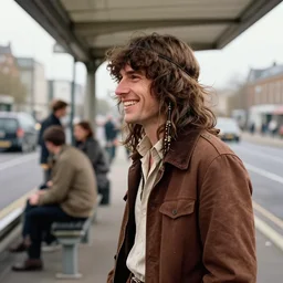hippy on bus station masterpiece happiness by jim burns doyle, tim detailed ultrarealistic side view 1 9 6 0 s expressive dynamic cinematic dramatic
