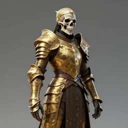 3d render of a character concept of a skull headed knight with a skull hemet, wearing golden armor, hyper realistic, unreal, craig mullins, alex boyd, lord of the rings, game of thrones, dark souls, artstation, warhammer