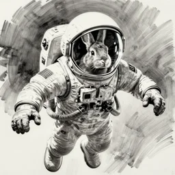 rabbit!!! jim lee!!! medium shot!! flat grayscale ink sketch by jim lee close up in the style of jim lee, floating astronaut spacesuit giant helmet astronaut hulk rabbit animal astronaut by jim lee