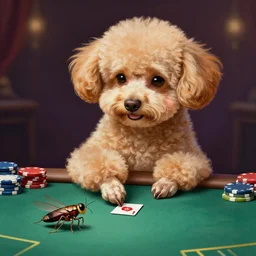 a mini poodle playing poker with a cricket, digital painting, artstation, extremely detailed