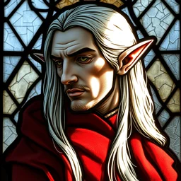 medieval stained glass window, side - view portrait of a man, serious facial expression, pale skin, long white hair, pointy elf ears, expensive red coat, masterful, detailed and delicate face, backlit