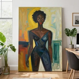 a black female in home office, natural light window, plants in glass vase, acrylic on canvas, abstract, by aaron douglas