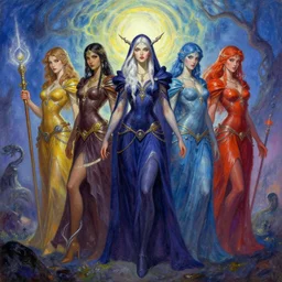attractive female assassins of the light, mystic monster, character design, tales of earthsea, sky witch, colorful, painting by gaston bussiere, craig mullins, j. c. leyendecker, tom of finland