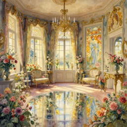 a beautifull intricate watercolour painting of a victorian room with many flowers, reflexions, verry high details by william turner art, greg rutkowski and alphonse mucha, trending on artstation, very very detailed, masterpiece, golden hour lighting, wide lens,