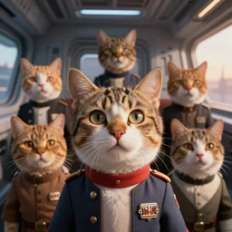 star wars cats, cats put in different uniforms and situations, while aboard on a 1 2 mile capital ship. zoomed in shots, photorealistic, sharp focus, vintage cold colour temperture, f 0. 4, face centred, golden hour