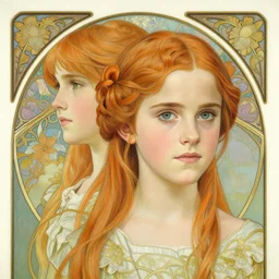 a detailed, intricate art nouveau portrait painting of a girl who resembles 1 8 - year - old saoirse ronan and emma watson in a white bridal gown, in a garden of fireflies and glowing lanterns at night, by alphonse mucha, donato giancola, and john william waterhouse