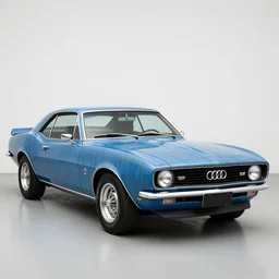 striped denim blue audi camaro b 1 ( 1 9 6 7 ), establishing shot, by simon stalenhag