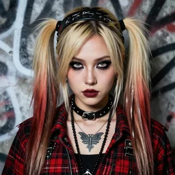 highly detailed closeup portrait of a sewer punk pretty swedish female road warrior student, tartan garment, blonde hair pigtails with headband by atey ghailan, by greg rutkowski, by greg tocchini, by james gilleard, by joe fenton, by kaethe butcher, gradient red, black, brown and white color scheme, grunge aesthetic!!! white graffiti tag wall background