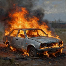 abandoned car on fire, detailed painting, epic lighting, by ilya repin, phil hale and kent williams