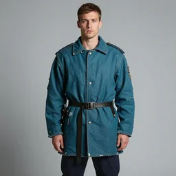 an award - winning photo of an ancient male model wearing a plain baggy teal distressed medieval designer menswear swedish police jacket slightly inspired by medieval armour designed by alexander mcqueen, 4 k, studio lighting, wide angle lens