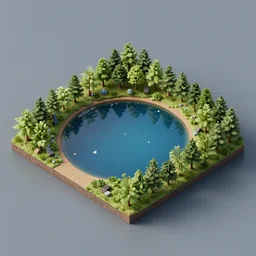 isometric view of a lake shore, stars reflecting on the water, 4k reflection, diorama