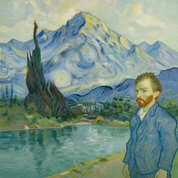 a digital painting of a mountain range with a lake in the foreground, a detailed matte painting by vincent van gogh and thomas kinkade and bob ross. paint spatters, paint drips, paint stippling, paint dribble, paint speckling. dry brush and wet brush. rich texture, rich vivid color.