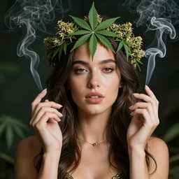 vanessa alexander as a goddess of smoking weed, crown on head with marihuana leaf, shot from professional camera, ultra realistic, beatiful lights