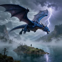 dark blue dragon flying over a island in lake with a person, mist, fog, lightning and thunder, mountains in background, detailed digital painting, dungeons and dragons, trending artstation