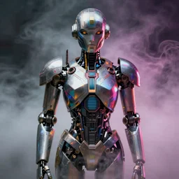 Concept Digital Art Highly detailed Art Deco Cybertronian Nomad Robot portrait with chromatic padding by Stephen Artist, mysterious background and colored fog, mysterious gaze, humanoid portrait