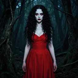 in the style of joshua middleton, artgerm, symmetrical face full body, pretty alyson hannigan full body, evil dead demon, evil dead movie, red dress, full body, symmetrical eyes, symmetrical eyes, long curly black hair, trees, symmetrical eyes, forest, full body, branches, cinematic lighting, evil dead, scary, artgerm