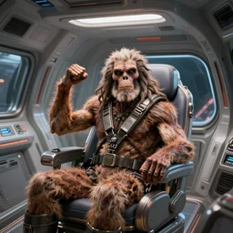 neanderthal caveman inside a spaceship, epic pose in pilot seat