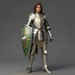 full body portrait of a rugged female warrior clay - colored skin medium length brown hair and a very highly detailed face wearing elegant white, green and gold plate mail armor intricately painted, holding a huge shield, very highly detailed, artstation, cgsociety, realistic character concept art, sharp focus, by greg rutkowski, and alphonse mucha