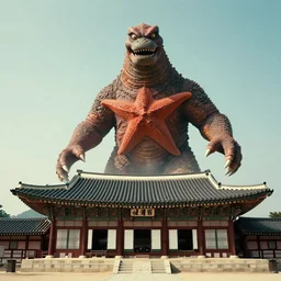 humanoid kaiju starfish creature looming over a korean palace, cinematic korean thriller, 1 9 5 0 s, cooke varotal 2 0 - 1 0 0 t 3. 1