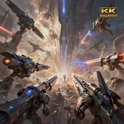 big intergalactic war scene with futuristic weapons , award winning concept art, 4K, magic the gathering