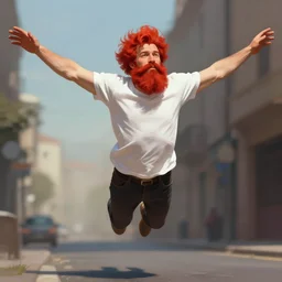 wide angle of attractive bright red - headed bearded man wearing a white t - shirt levitating over the street below, arms spread wide, highly detailed, digital painting, artstation, concept art, smooth, sharp focus, illustration, art by artgerm, greg rutkowski, alphonse mucha, j. c. leyendecker