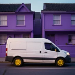 a white van with yellow wheels passing purple houses, cinematic lighting, establishing shot, art by jordan grimmer