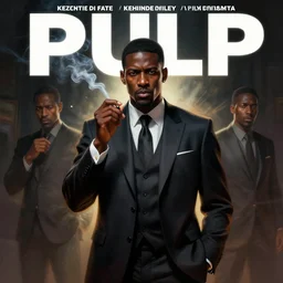 pulp magazine cover of a black man in a suit smoking, cinematic view, dynamic lighting, volumetric lighting, mysterious highly detailed, smooth, digital painting, symmetrical, art by vincent di fate, kehinde wiley, artem demura, frezetta