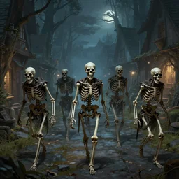 a group of dangerous skeletons walking in a forest village street at night, dmd, concept art, fantasy art, detailed