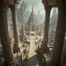 close shot angle from above of epic intrincated colliseum fantasy landscape, atmospheric perspective, large ancient giant colums!!!, gothic architecture!!!!, giant church of the gods!!!, pointy risks mountains, in the style of peter mohrbacher and greg rutkowski