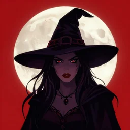 close up portrait of a dark witch in front of the full big moon, red background, vector graphic, .eps, .ai, Adobe Illustrator, clear lines and clear shapes, intricate, 8k highly professionally detailed, HDR, CGsociety