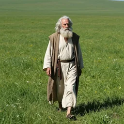 old prophet wandering about a meadow. midday. direct overhead sunlight. harsh shadows. aperture 1 6. iso 1 0 0