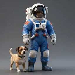 Alexander Jansson Style, vintage astronaut in T pose, Blue Soviet nationality suit, The Laika space dog accompanies him, CGI, Many Details, Ultra Detailed, Octane Render, Real Engine 5 Cinematic, Realistic, Intricate Detail, Finely Detailed, Small Details, Extra Detail More details, tiny details, high resolution, 3D, PBR, path tracing, volumetric lighting, octane render, Arnold Render, 8k
