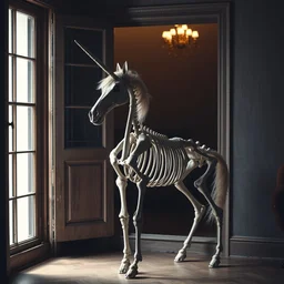 a photograph of a unicorn horse skeleton skeleton skeletical standing next to an open window, dramatic lighting, cinematic