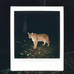 cougar in forest at night, shot from drone, grainy, photo by leonid afremov, polaroid