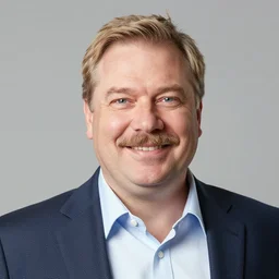 portrait of a cheerful middle - aged german businessman, just slightly overweight, fairly attractive, short blonde hair and mustache