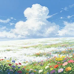sky, summer, snowy, full of colorful flower, beautiful cloud, quiet, no people, anime background, illustration, sharp focus, intricate, smooth, super wide angle, trending on artstation, trending on deviantart