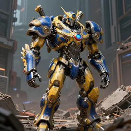 a intricate ornate boxing humanoid mecha in ruin city, bright, by war robots, real steel ( 2 0 1 1 ), westworld and pacific rim movie and ps 5 game machine warrior 5, cryengine, frostbite 3 engine, blue and yellow scheme, sharp focus, 8 k, high definition, insanely detailed, concept art, 8 k realistic, hyper detailed, dof