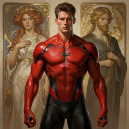 portrait of the justice league, d & d, muscular! athetic slim bodybuilder, red and black, futuristic, fantasy, intricate, elegant, highly detailed, digital painting, artstation, concept art, smooth, sharp focus, illustration, art by artgerm and greg rutkowski and alphonse mucha